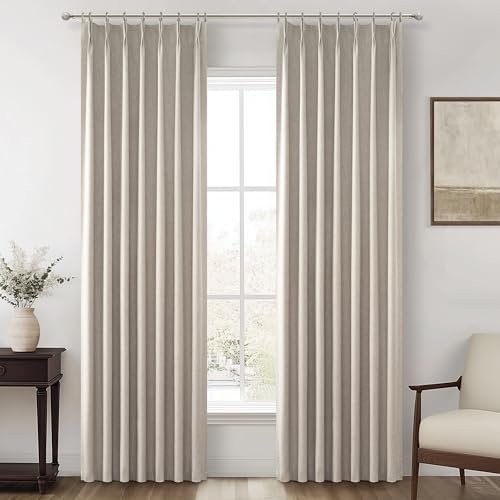 "Grey Beige Linen Pinch Pleated Viral Thick Curtains Blackout & Drapes 84 Inch Length 2 Panels Set for Living Room, Black Out Windows Bug with Memory Trained Back Tab for Traverse Rods (40""Wx84""Lx2)"