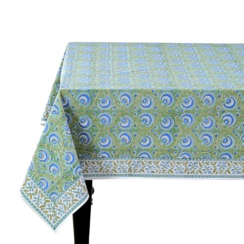 "Ridhi Verdant Mist Hand Block Print Cotton Rectangle Tablecloth 60"" x 60"" inches Reusable Table Cover Decorative Everyday Use for Dining Room, Farmhouse, Home Gift for Spring, Mother's Day"