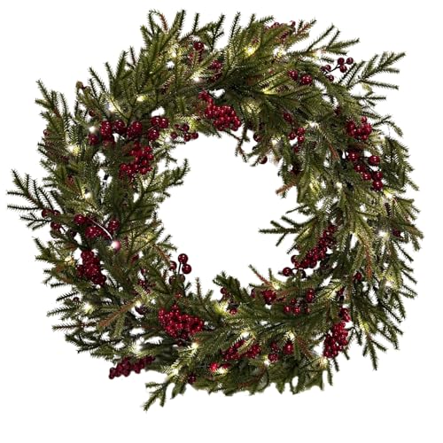 GreenBrokers Wreath with Lights - 56cm Artificial Holiday Wreath with Lights - Festive Christmas Decor for Doors, Walls & Mantels - Indoor & Outdoor Use