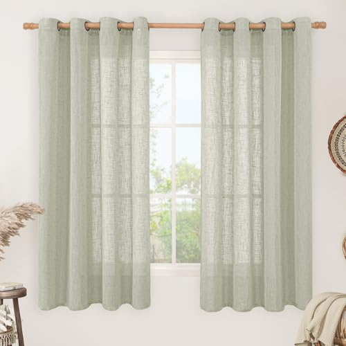 LAMIT Sheer Linen Curtains 63 Inch Length for Bedroom, Faux Linen Textured Light Filtering Neutral Bronze Grommet Window Treatment Drapes for Living Room, 2 Panels, 52 x 63 Inch, Sage Grey