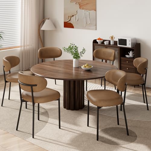MALOL Dining Chairs Set of 6, PU Leather Chairs for Dining Room with Metal Legs & Curved Backrest & Thick Cushion, Upholstered Kitchen Chair with Anti-Slip Pads, Brown