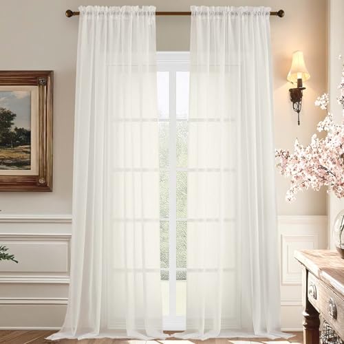 Aiyufeng 108 Inch Ivory Sheer Window Curtains for Farmhouse, Rod Pocket Voile Window Treatment Vertical Panels for Study Room/Bedroom/Living Room, Ivory, W59 x L108, 2 Panels
