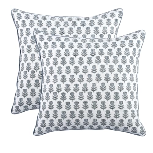 CPC Throw Pillow Covers for Couch, 24x24 Inch Decorative Couch Pillows for Living Room, 100% Cotton Boho Cute Outdoor Pillows, Flower Pillow Covers or Preppy Throws-Morning Bloom Blue