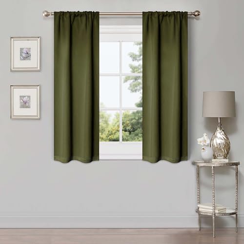 "Superior Blackout Curtains, Room Darkening, Bedroom, Drapes, Kitchen, Living Room Window Accents, Sun Blocking, Thermal, 2 Pack, Rod Pocket, Solid Blackout Curtains, Set of 2, 26"" x 63"", Olive Green"