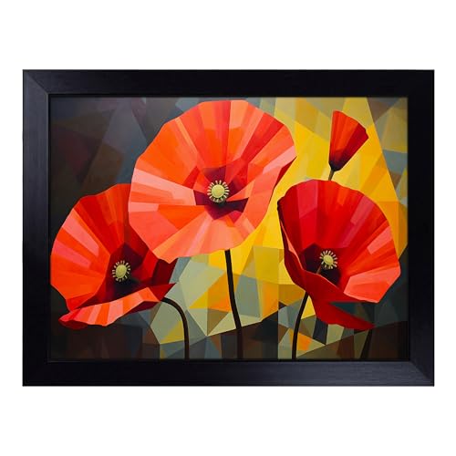 Lap Tray with Bean Bag Cushion, Poppy Flower Geometric - Handmade in the UK, Raised Wooden Edge, Padded Cushion, Heat-Resistant Wipe-Clean Surface, for Meals, Laptops and Crafts