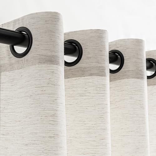 VOILYBIRD Off White Curtains Black Grommets Sheers Curtains 84 Inches Long for Bedroom Farmhouse Drapes Basketweave Texture, 52???W x 84???L, 2 Panels