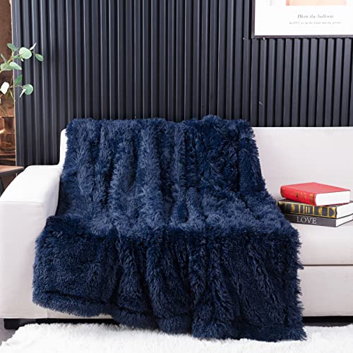 "YUSOKI Navy Blue Faux Fur Throw Blanket, 2 Layers, 50"" x 60"" Cozy Plush Fluffy Blanket for Fall, Bed, Living Room Décor, Baby, Women, Pet"