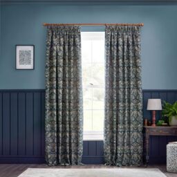 Morris&Co. Strawberry Thief Pencil Pleat Curtain Pair – Iconic Bird & Floral Jacquard Lined Velvet Drapes (Indigo - 117x183cm)