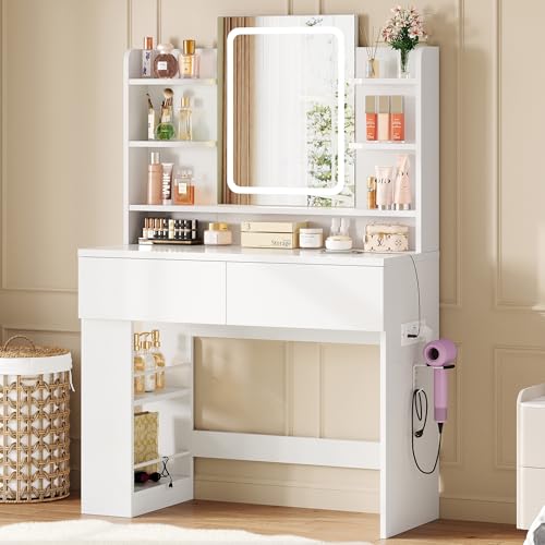 IRONCK Dressing Table with LED Mirror, Vanity Desk with Power Outlets, 2 Drawers, 5 Storage Shelves and 1 Sideboard, Makeup Desk with Adjustable 3-Colour Lighting (White)