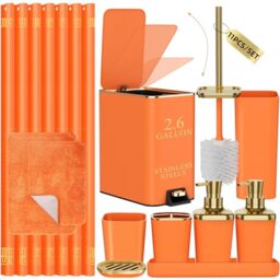 XLHOMO 11PCS Bathroom Sets with Shower Curtain and Rugs Bathroom Accessories Set Orange Bathroom Set,Soap Dispenser & Toilet Brush Holder Set with Stainless Steel Trash Can