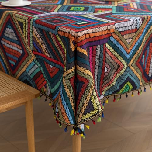 "Erbnaryx Handblock Print Tablecloth for Square Tables,Fringed Edges with Geometric Stitch Pattern Tablecloths,Table Cover Cloth Decorative for Kitchen Dining Room,59""x 86"""