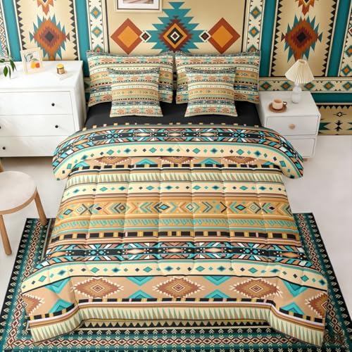 Erosebridal Geometric White Yellow Blue Aztec 7 Piece Bedding Set Twin - Cowboy Bohemian Comforter Set with Sheets Tribal Southwestern Cowgirl Bed in A Bag Farmhouse Adults Bed Sets