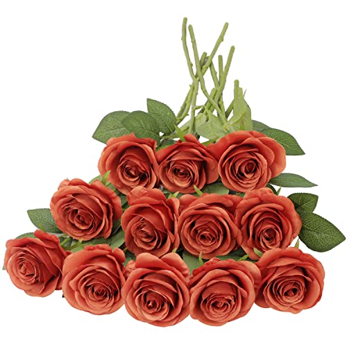 JUSMAI 12pcs Roses Artificial Flowers Burnt Orange Fake Roses Flowers with Long Stems Silk Flowers for Wedding Bouquet Centerpices Decorations Party Bridal Baby Shower Home Decor