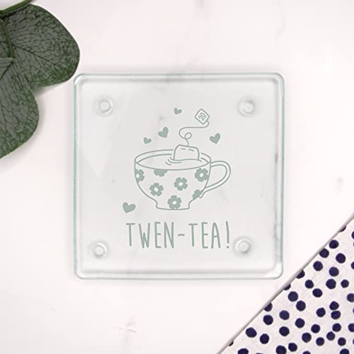 eBuyGB Engraved Square Glass Coaster -TWEN-Tea Design - 20th Birthday Gifts for Women, Her - Twentieth Birthday Gift for Friend, Sister, Cousin - Drinks Mat