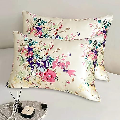 "100% Real Mulberry Silk Pillowcase Set of 2 for Hair and Skin with Zipper,Health,Soft,Cooling Both Sides Grade 6A Pure Silk Bed Flower Pillow Cases,Floral Print,2Pack(Standard Size 20""x26"",Pattern1)"