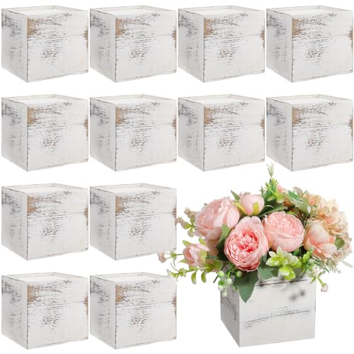Suzile 12 Set 4 Inch Wooden Planter Box Flower Square vases for Centerpiece Rustic Cube Planter Box with Removable Foam Blocks Liner Square Vase Craft for Garden Home(White)