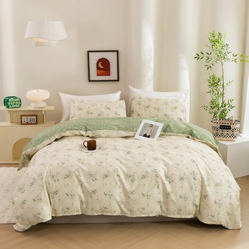 ECOCOTT Duvet Cover Queen Size - Reversible Green Floral Duvet Cover Set, Ultra Soft & Breathable Comforter Cover with Zipper Closure 4 Ties Bedding Set for Girls and Women