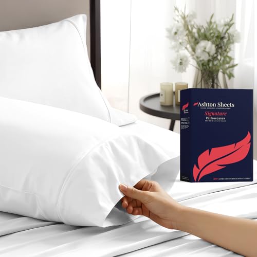 Ashton Sheets 100% Egyptian Cotton Pillow Cases Standard/Queen Size Set of 2 - Luxury 1200 Thread Count Sateen White Pillow Cases, Silky Soft Cotton Pillowcases Fits Standard & Queen Size Pillows