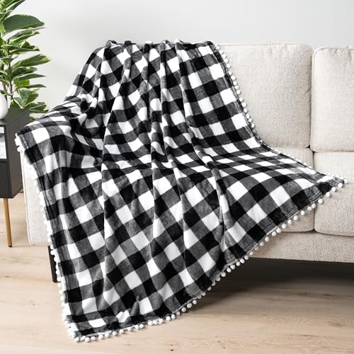 PAVILIA Black White Fleece Throw Blanket for Couch with Pom Pom Fringe, Buffalo Checkered Plaid, Soft Cozy Fuzzy Flannel Blanket for Sofa Bed, Large Lightweight Plush All Season Throw, 60x80 Inches