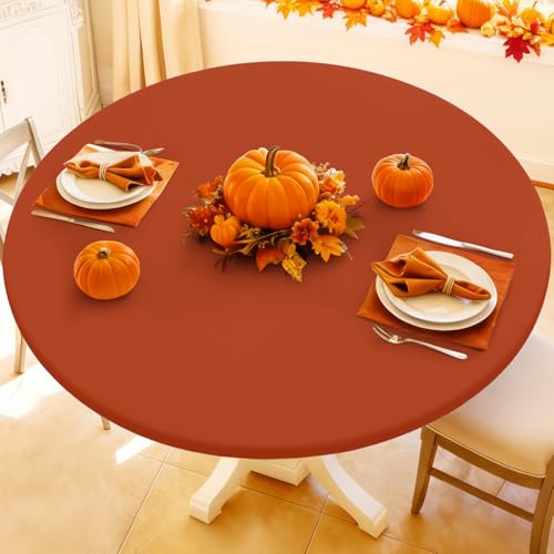 "Moosfor Spandex Round Tablecloth, Fitted Table Cloth for 42""-50"" Tables - Elastic Outdoor Picnic Table Cover, Circle Stretch Waterproof Table cloths for Patio, Dining, Kitchen, Rust"