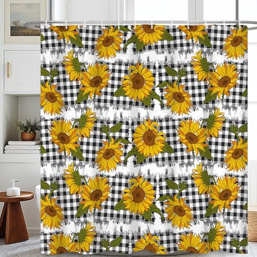 "dnldliq Rustic Farmhouse Yellow Sunflower Shower Curtain,48"" W x 72"" L - Waterproof Shower Curtain Set with Hooks for Bathroom, Vintage Country Spring Plants Polyester Fabric Bathroom Curtain"
