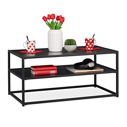 Relaxdays Coffee Table, Rectangular & Low, Shelf, MDF & Metal, Modern Living Room Table, HWD 42 x 90 x 50 cm, Black