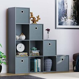 Vida Designs Durham Staircase Bookcase Shelves Storage Organiser Living Room Furniture (10 Cube & 5 Grey Baskets, Grey)