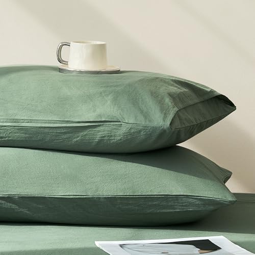 JELLYMONI Pillowcases King Set of 2 Washed Cotton Envelope Pillow Covers Linen-Like Texture,Dusty Green 20??36in Bed Pillow Cases Soft Breathable (Pillows are not Included)