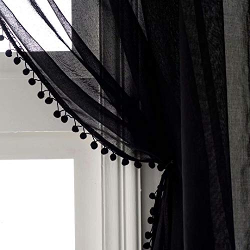 MISS SELECTEX Linen Look Pom Pom Tasseled Sheer Curtains - Rod Pocket Voile Semi-Sheer Curtains for Living and Bedroom, Set of 2 Curtain Panels (52 x 72 inch, Black)