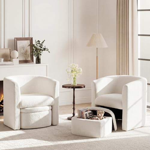 MALOL Boucle Accent Chair with Ottoman Storage Box Set of 2, Wooden Frame Armchair with Footstool, Single Sofa Chair, Arm Chairs for Living Room Bedroom Reading Spaces Office, Cream