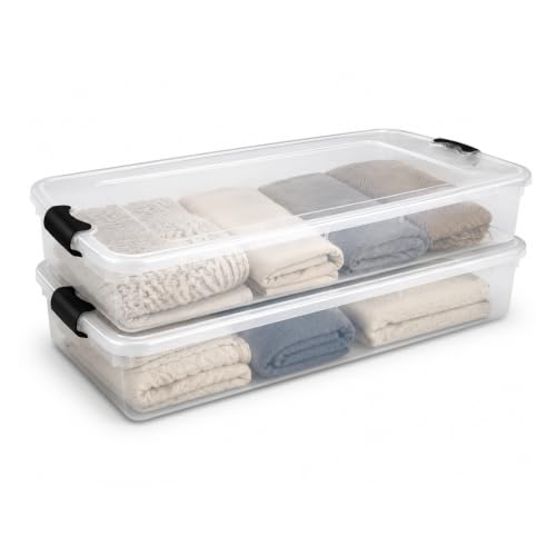 Homz 2 x Underbed Storage Box Durable Clear Base with Easy Grip Handles and Sliding Wheels