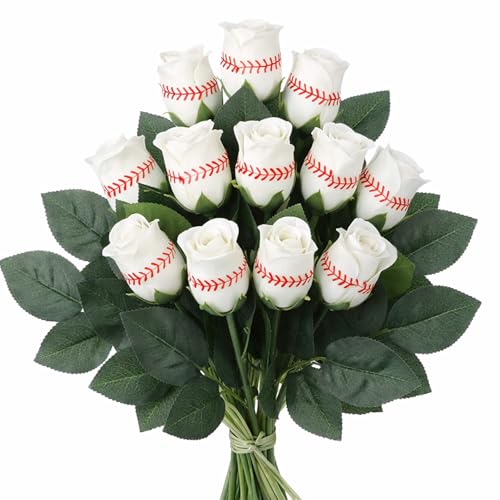 Hotop 12 Pcs Softball Roses with Leaves Artificial Roses Flowers Decoration Sports Theme Gifts for Softball Team Fans Coach Graduation Gift (White)
