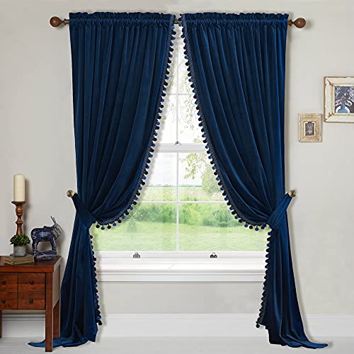 StangH Luxury Velvet Curtains Pom Pom - Blue Blackout Curtains Room Darkening Bedroom Window Decorative Drapes Thermal Insulated Room Dividers for Office/Theater, W52 x L96, 2 Panels & Tiebacks