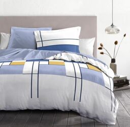 Duvet Cover Set 200 x 200 cm – 3 Pieces – Soft Cotton Percale – Duvet Cover + Pillowcases – White & Indigo Blue – The Intriguant Model