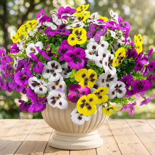 Geegoods Artificial Flowers for Outdoor, UV Resistant Faux Silk Pansy Flowers with Butterfly Accents, Realistic Fake Plants for Planters, Window Boxes & Grave Decor, 15 Bundles + 3 Butterflies