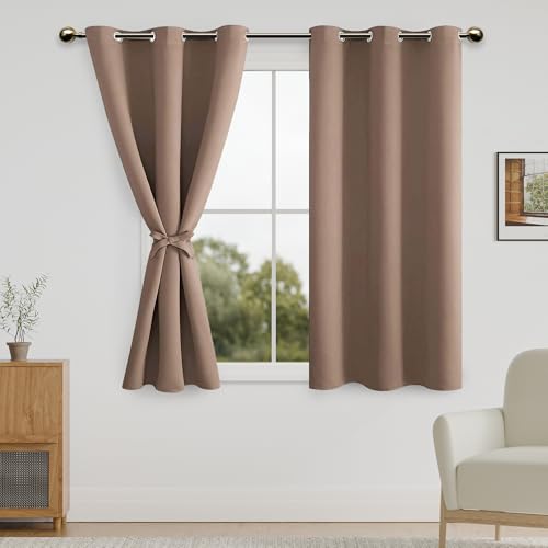 DWCN Blackout Curtains for Bedroom with Tiebacks - Room Darkening Privacy Grommet Top Window Curtains for Living Room, 42 x 54 inch Length, Cappuccino, Set of 2 Panels