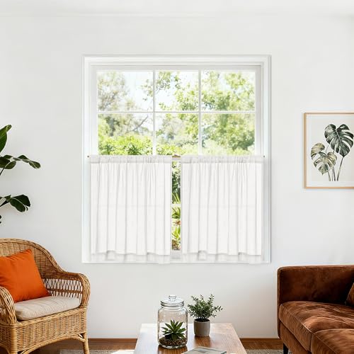 DUKIYO Off White Semi Sheer Linen Bathroom Curtains 36 Inch Long 2 Panels - Ivory, Curtain for Kitchen Laundry Over Sink, Privacy Assured with Light Through, Aesthetic, Rod Pocket Drapes, 25x36 Inches