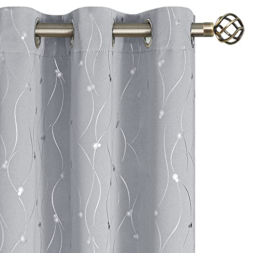 BGment Short Room Darkening Curtains 45 Inches Long, Grommet Thermal Insulated Blackout Curtains with Wave Line and Dots Printed for Bedroom Bathroom Cafe, 2 Panels, Each 42 x 45 Inch, Light Grey