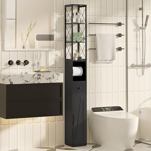 VECELO Tall Bathroom Cabinet, Freestanding Slim Storage Cabinet, Narrow Storage Unit, Space-Saving Display Cabinet for Office, Living Room, Kitchen, Hallway, 20 ?? 20 ?? 170 cm, Black
