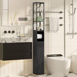 VECELO Tall Bathroom Cabinet, Freestanding Slim Storage Cabinet, Narrow Storage Unit, Space-Saving Display Cabinet for Office, Living Room, Kitchen, Hallway, 20 ?? 20 ?? 170 cm, Black