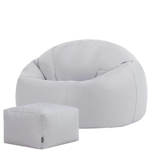 Bean Bag Bazaar Kingston Outdoor Bean Bag and Footstool, Grey, Garden Chair with Footstool, Water Resistant Fabric, Large Gaming Beanbag with Filling Included, Garden Seat, Outdoor Seating