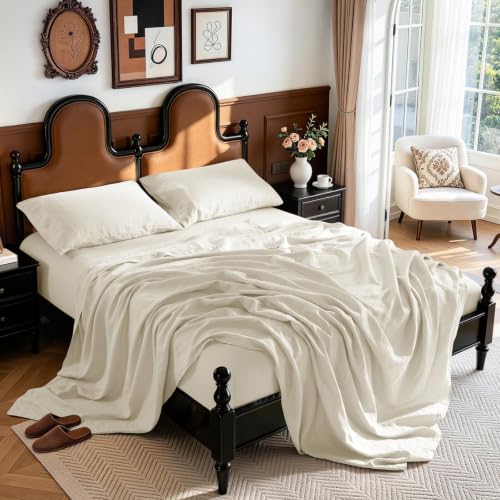 "LBRO2M 100% French Organic Linen Sheet Set, 19"" Deep Pocket Cal King 4 Pcs - Natural Flax Bed Sheet, Soft, Breathable,Durable Sheets, Cozy for All Year Round, Ideal for Hot Sleepers, Beige Color"