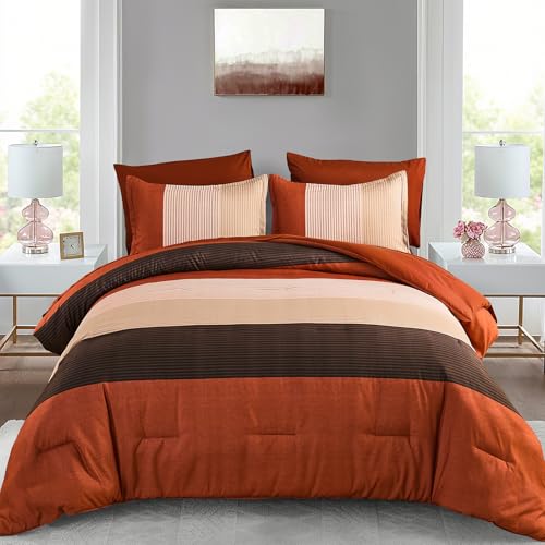 Anibedding King Size Terracotta Comforter Set 7 Pieces, Terracotta and White Patchwork Striped Bed in a Bag with Sheet Pillowcase for King Bed All Season