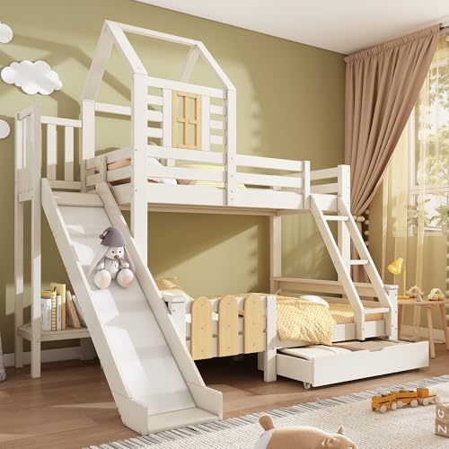 Ball & Cast Bunk Bed for Kids, Single Cabin Bed with Storage, Twin Sleeper Double Bunk Beds with Window for Children, Solid Pine Wood, 3FT-90 x 190cm, White, (Without Mattress)