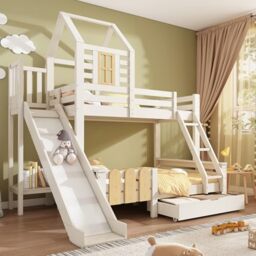Ball & Cast Bunk Bed for Kids, Single Cabin Bed with Storage, Twin Sleeper Double Bunk Beds with Window for Children, Solid Pine Wood, 3FT-90 x 190cm, White, (Without Mattress)
