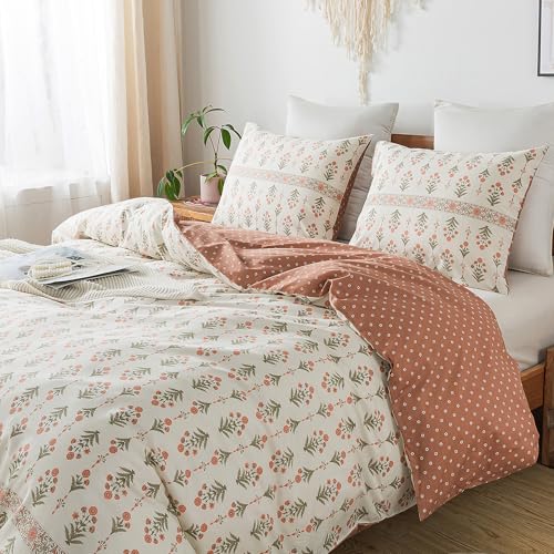 HoneiLife Floral Duvet Cover Twin - 100% Cotton Comforter Cover Wildflower Duvet Cover Sets, Botanical Duvet Cover with Zipper Closure & Corner Ties, 2-PCS Orange Comforter Cover Sets