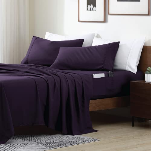 Swift Home Smart Sheets, Ultra Soft Brushed Microfiber 4-Piece Sheet Set, Fitted Bed Sheet with Side Storage Pockets – Eggplant, Queen