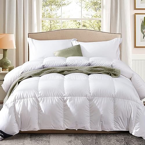 Globon Goose Down Comforter Queen Size All Season Duvet Insert Ultra-Soft 100% Cotton, 38OZ,650 Fill Power, Medium Warmth Hypoallergenic with Corner Tabs, White.???