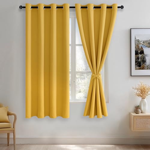JIUZHEN Blackout Curtains with Tiebacks - Thermal Insulated, Light Blocking and Noise Reducing Grommet Curtain Drapes for Bedroom and Living Room, Set of 2 Panels, Yellow, 52 x 63 Inch Length