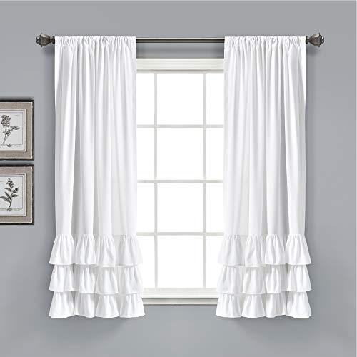 "Lush Decor, White Allison Ruffle Curtains Window Panel Set for Living, Dining Room, Bedroom (Pair), 63"" x 40"", 63"" L"